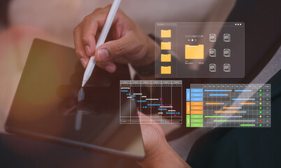 Businessman using pen and digital tablet present virtual screen practices and policies , procedure company articles of association Terms and Conditions compliance rules and law regulation policy