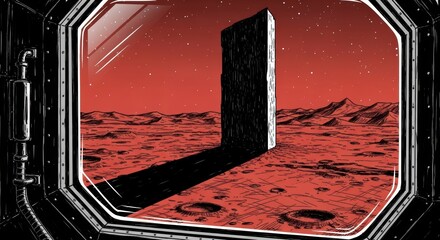 View from Spaceship Window on Red Planet with Mysterious Monolith