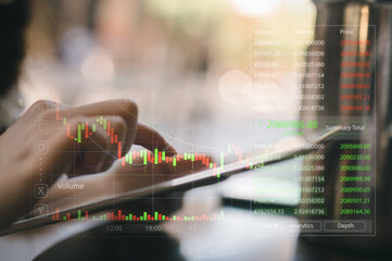 Woman sitting in cafe using tablet for analyzing data stock market in monitoring room with team pointing on the data presented in the chart, financial investment concept