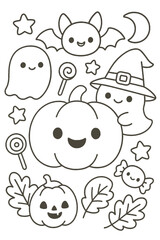 Cute vector cartoon halloween set illustration with funny characters for seamless pattern design