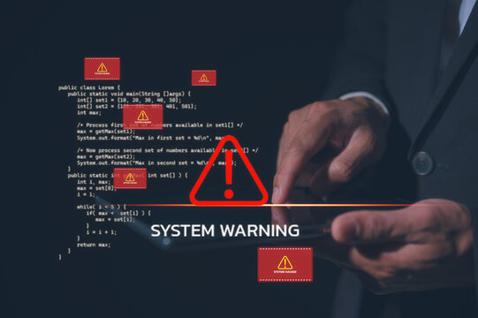Concept of cybersecurity risk, data breach, malware, hacking, IT failure, and digital system vulnerability in modern technology. System warning alert on virtual interface with hand interaction