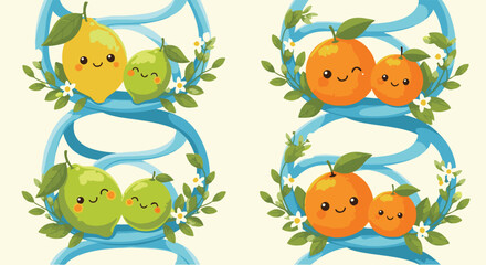 Adorable Cartoon Citrus Fruits on a DNA Helix Illustrating Genetics