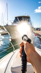 Person washing a boat with a high-pressure water hose