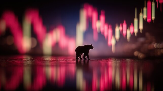 Silhouette of a bear miniature walking on a reflective surface against a dark background with red financial stock charts.
