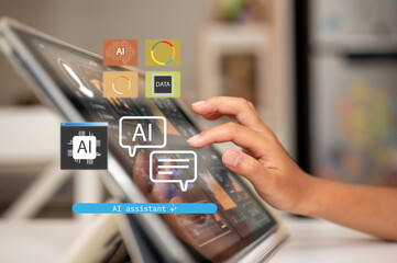 artificial intelligence AI technology Digital transformation learning concept children using tablet playing with robot analysing or creating program, kid skill development and activity