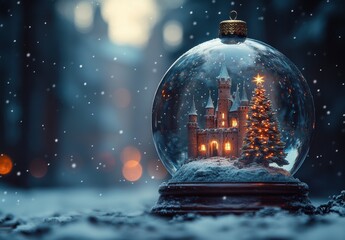 Stunning snow globe with a majestic castle inside surrounded by shimmering snowflakes and a dreamlike winter landscape