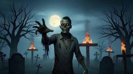 menacing zombie with glowing red eyes and ripped clothes emerges from spooky graveyard under full moon Bare trees loom and flames burn atop wooden crosses and scattered tombstones