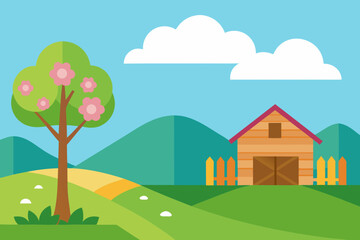 Fototapeta premium Charming cartoon farm scene with a wooden barn and blooming tree