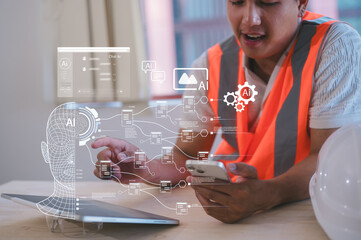 Engineer using smartphone with futuristic AI interface showing chatbot, machine learning, and data analysis. Concept of artificial intelligence, automation, digital transformation, and technology.