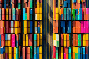 Vibrant aerial view of stacked colorful objects creating abstract geometric patterns
