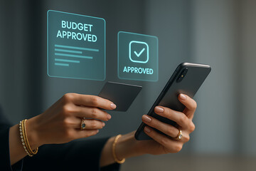 Mobile Payment Approval: A close-up view of hands interacting with a smartphone and credit card.