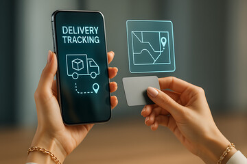 Delivery Tracking: Capturing the essence of modern logistics, a person's hands hold a smartphone, illuminating the live tracking of a package alongside a card.