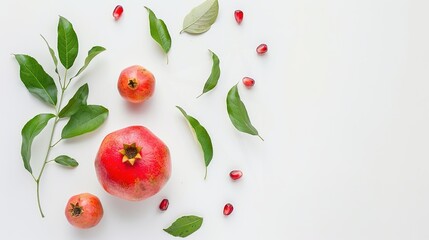Pomegranate with Leaves on a White Background &ndash; a fresh and vibrant visual. The vivid pomegranate and lush leaves stand out crisply against the clean white background, creating a natural and eye-catch