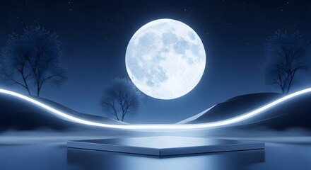 Naklejka premium Mystical night scene with a full moon and a glowing podium for product display set against a serene, futuristic landscape with neon light trails