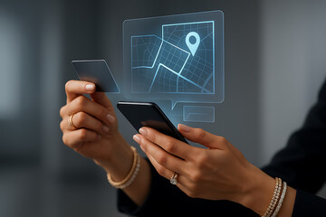 Navigating Transactions: A person uses a smartphone and credit card to interact with a digital map, representing seamless payment and location-based services. 