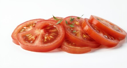 Sliced fresh tomato with herbs on white background