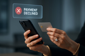 Payment Declined: A close-up view of a person's hands, holding a smartphone and a credit card. A pop-up message indicates payment declined, highlighting the challenges of online transactions