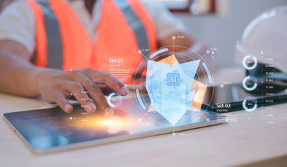 Engineer using pen and tablet with futuristic AI interface showing chatbot, machine learning, and data analysis. Concept of artificial intelligence, automation, digital transformation, and technology