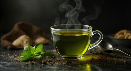 Steaming herbal tea in a glass cup with mint leaves and tea grounds.