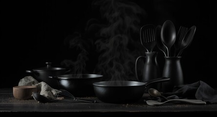 Steaming Kitchen Utensils and Cookware on Dark Background