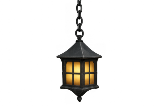 Vintage metal hanging lantern lamp with glowing light