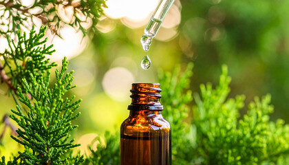 Cypress essential oil, the bottle cypress leaves Cupressus sempervirens, tree nature sunshine, fresh air, bottle amber glass, pipette dro essence, aromatherapy