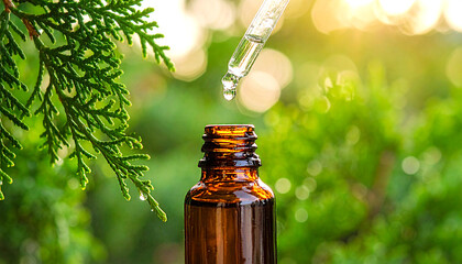 Amber glass bottle with a glass dropper pipette dropping drop of Cypress essential oil, the bottle is amid several cypress leaves tree Cupressus sempervirens, nature background