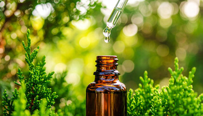 Frasco de vidro âmbar pipeta conta gotas de vidro caindo gota de óleo essencial de Cipreste, folhas de cipreste Cupressus sempervirens, aromaterapia