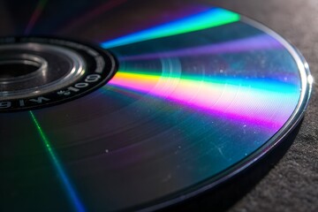 Close up of a shiny cd dvd disc reflecting rainbow spectrum of colors and light on a dark textured background