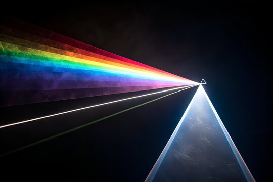 A bright white light beam refracts through a triangular prism creating a vibrant rainbow spectrum against a dark background