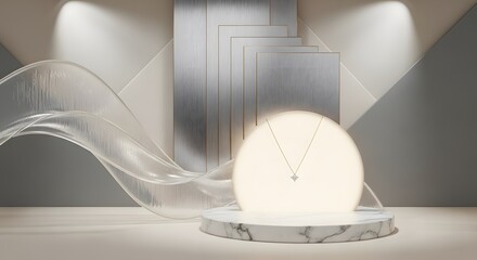 Luxury 3D product display of a delicate gold diamond necklace on an illuminated sphere podium against a modern abstract background