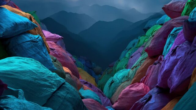 Colorful fabric bags stack in valley with misty mountain background, vibrant surreal landscape evoking mysterious calm mood and vibrant atmosphere