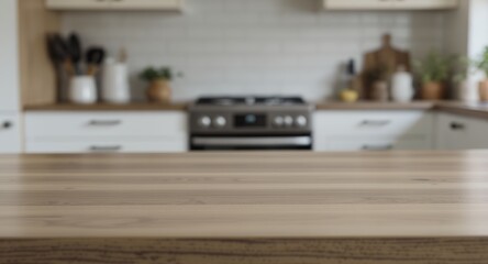 Wooden Kitchen Countertop with Blurred Background