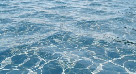 Captivating close-up of a shimmering blue water surface, adorned with gentle ripples and bright sun reflections, creating a tranquil and refreshing natural background texture