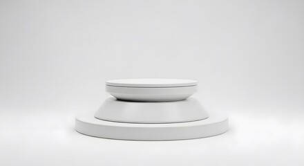 Minimalist white studio showcase with tiered circular pedestals, offering a clean and elegant blank canvas for product display or abstract presentation in a modern setting
