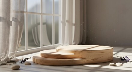 Elegant wooden two-tiered podium by a sunlit window, a minimal stage for product display and cosmetic mockups