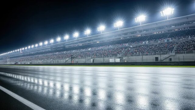rain-soaked race track gleams under numerous stadium floodlights at night Tiered spectator stands are packed with an audience electric atmosphere for the event