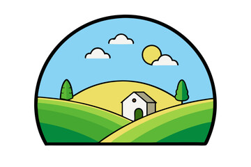 Fototapeta premium Stylized landscape with a house on rolling hills under a sunny sky