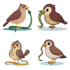 Fototapeta premium Set of four cute cartoon birds eating snakes and worms.
