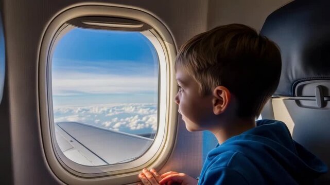 young boy looks intently out an airplane window captivated by the vast blue sky fluffy white clouds and the planes wing during sunny flight