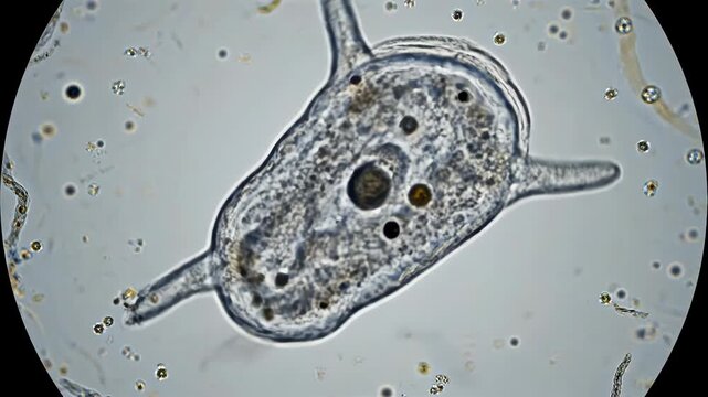 Microscopic view of a single-celled amoeba with pseudopods extended.