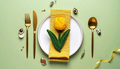 Spring table setting with yellow tulip