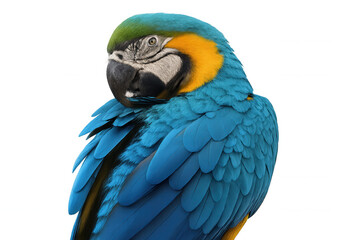 Obraz premium Blue and yellow macaw bird close up, vibrant tropical feathers, colorful parrot preening on transparent background