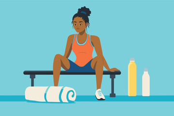Fototapeta premium African woman cooling down with towel after intense workout, sports bottle and gym bench beside her vector illustration