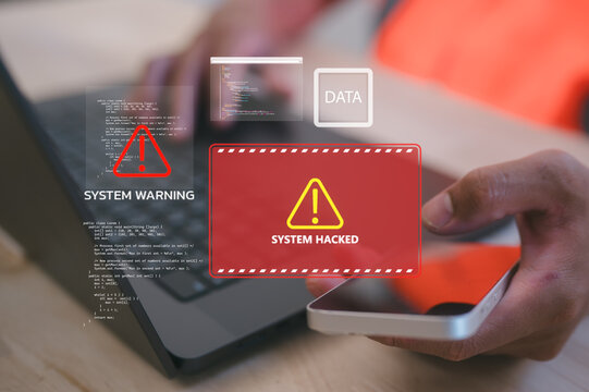 Cybersecurity system hacked warning on digital interface with smartphone and laptop in business technology concept, System hacked warning with red alert on futuristic interface