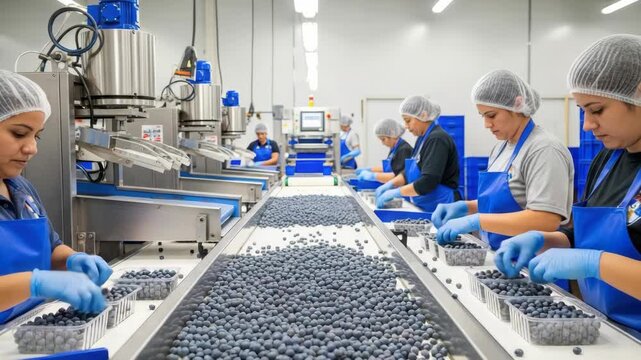 Several workers in hairnets blue aprons and gloves diligently sort and package fresh blueberries from conveyor belt into clear containers within modern hygienic processing facility