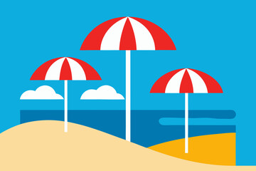 Three red and white beach umbrellas on a sandy shoreline