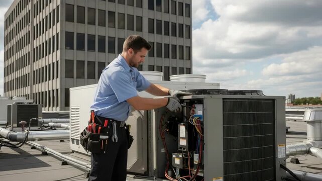 male technician wearing gloves and tool belt meticulously works on an outdoor HVAC units exposed wiring on building rooftop A large office building stands in the background under cloudy sky