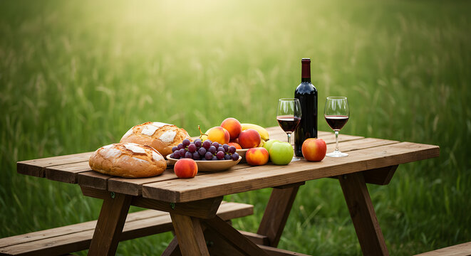 Rustic Outdoor Picnic with Red Wine, Bread, and Fresh Fruit