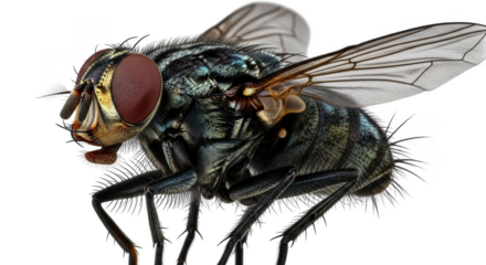 Extreme close up macro photograph of a detailed fly insect with striking compound eyes